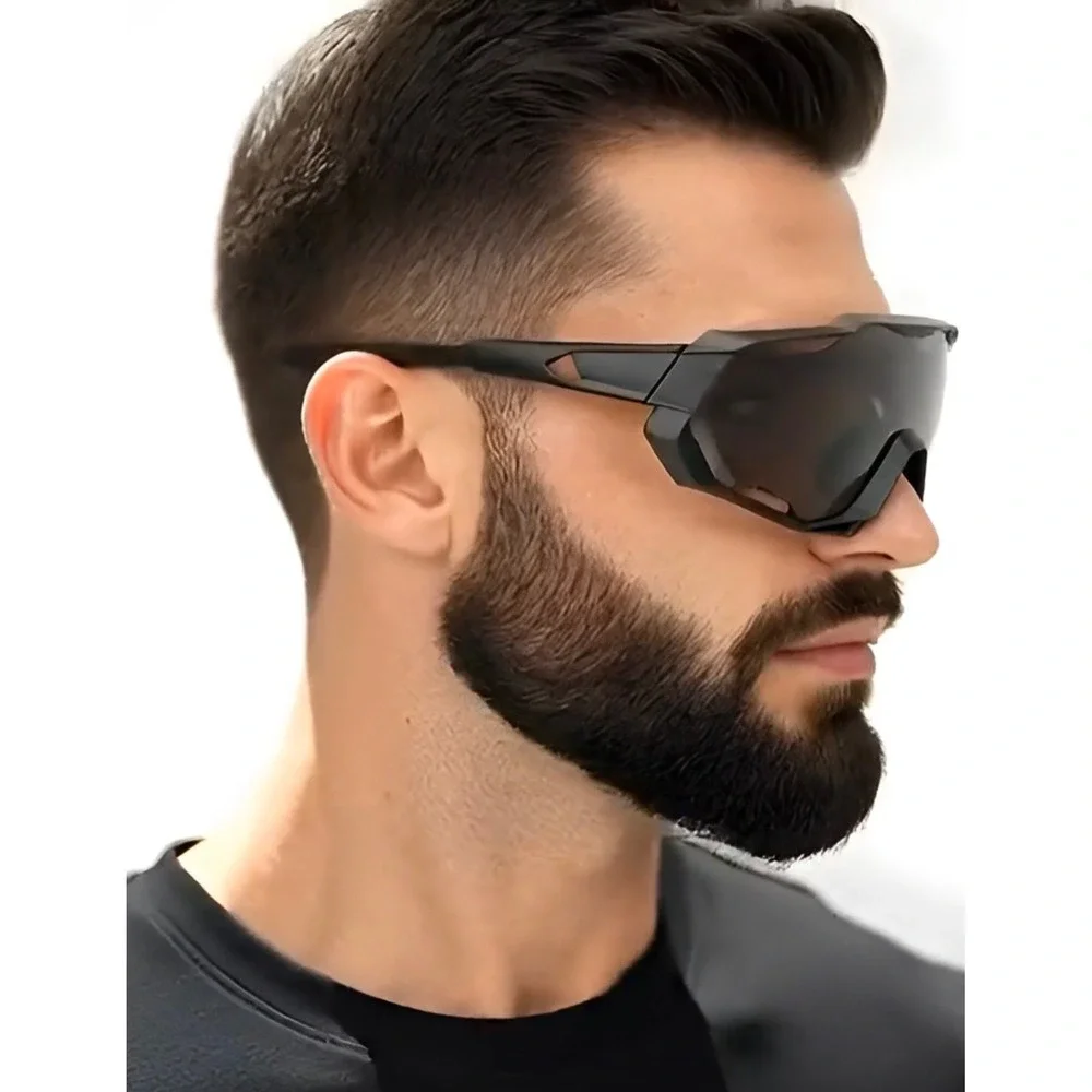Mens Matte Black Oversized Shield Sunglasses Futuristic Sport Wrap Techwear 2026